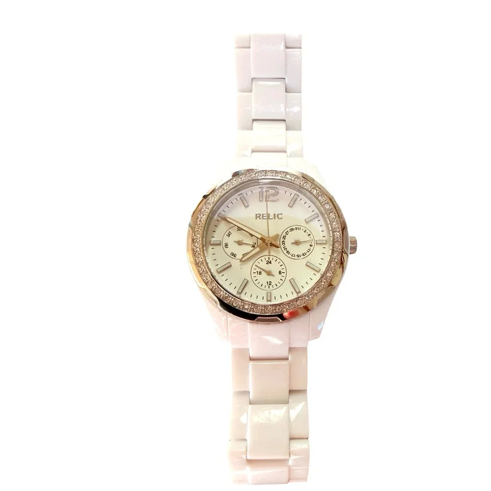 Relic ZR15551 White Ceramic Crystal Bezel Multifunction Women's Watch Works